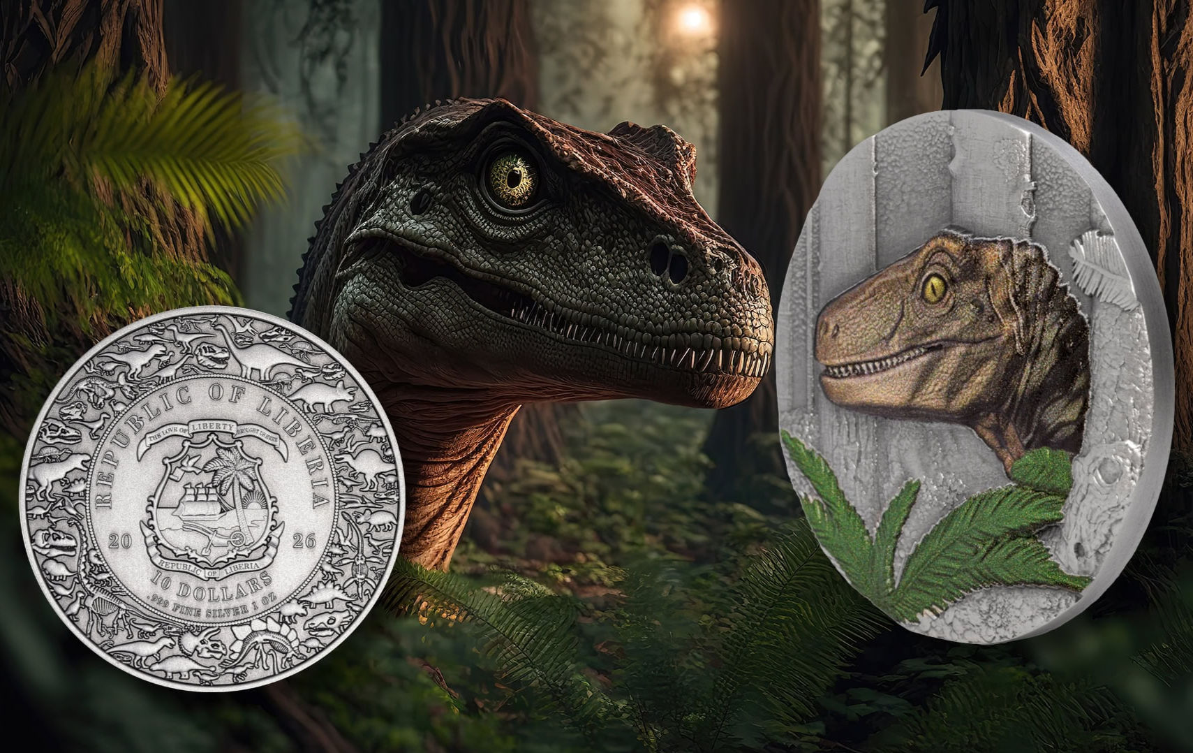 Velociraptor UHR: Jurassic Life series - 1oz .999 Silver Coin - 10$ Liberia 2026