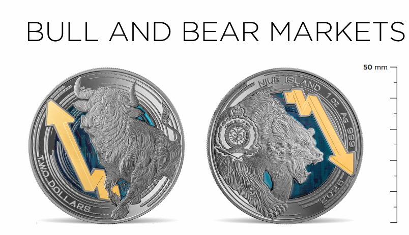 Miniatura: Bull and Bear Markets Ruthenium Edition 1 oz Proof-like Silver Coin 2$ Niue 2025