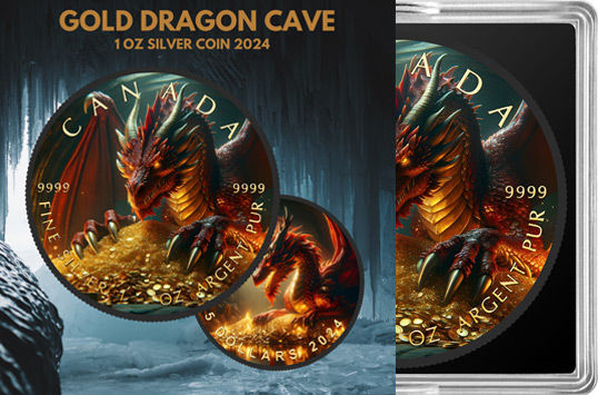 Miniature : GOLD DRAGON CAVE 1 Oz Silver Coin 5$ Canada 2024