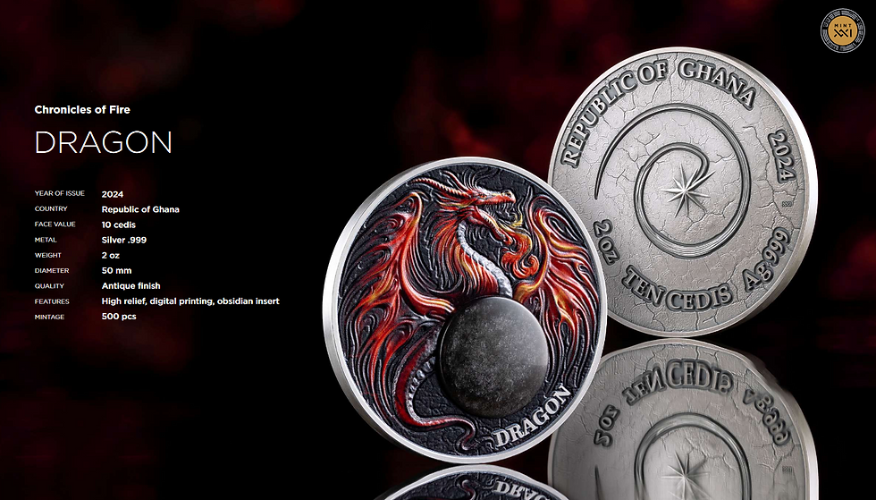 Miniaturbild: DRAGON Chronicles of Fire 2 oz Antique finish Silver Coin 10 Cedis Ghana 2024