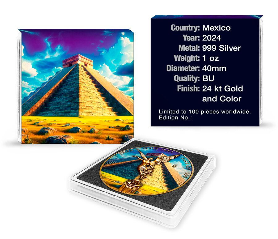 Thumbnail: 2024 1 oz Mexican Libertad Chichen Itza 24k Gold Gilded Colorized Silver Coin