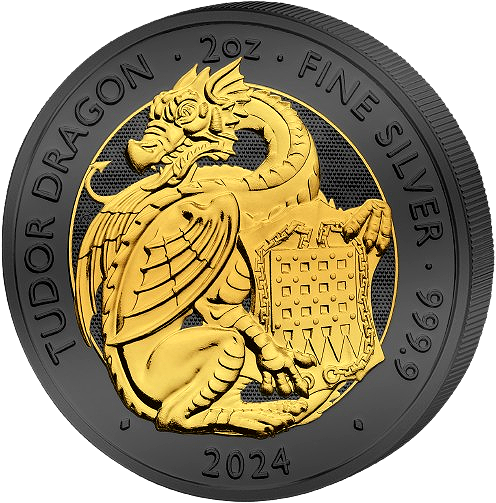 DRAGON GOLDEN ENIGMA Tudor Beasts 2 Oz Silver Coin 5£ United Kingdom 2024
