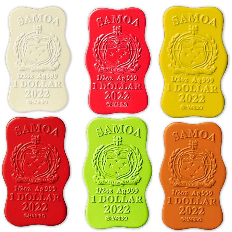 Miniatura: HARIBO GOLDBEARS 3D SHAPED SET 6 SILVER COINS 1$ SAMOA 2022