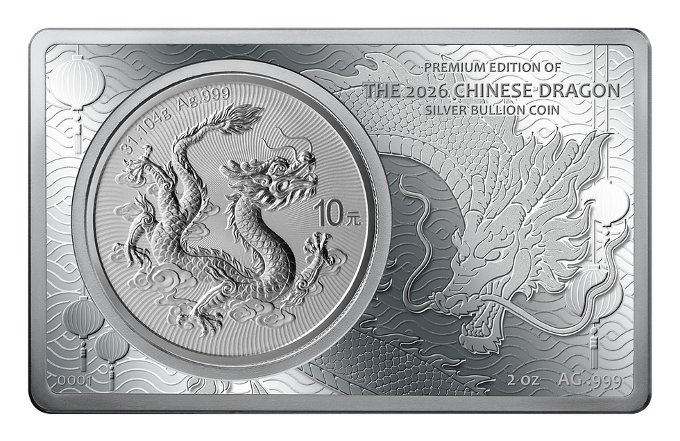Miniaturbild: Premium Edition of the 2026 Chinese Silver Dragon 2 + 1 oz .999 Silver Coin