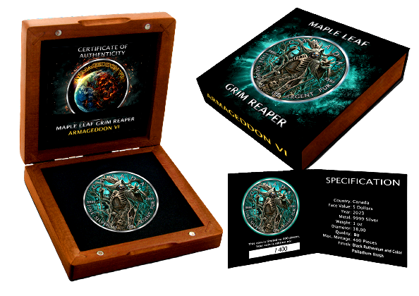 Miniatura: GRIM REAPER Śmierć Liść Klonu Armageddon VI - 1 Oz Srebrna Moneta 5$ Kanada 2023