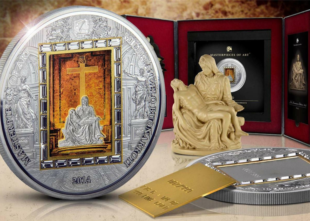 Pieta - Michelangelo 3oz Silver Coin + 1/4 oz Gold Bar $20 Cook Island 2014