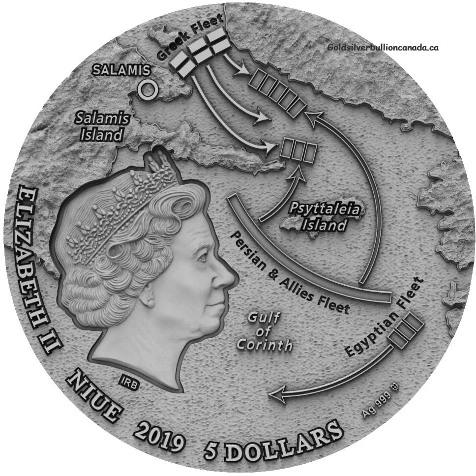 Miniatura: 2019 THE BATTLE OF SALAMIS SEA BATTLES - Moneda de plata pura de alto relieve de 2 oz - Niue