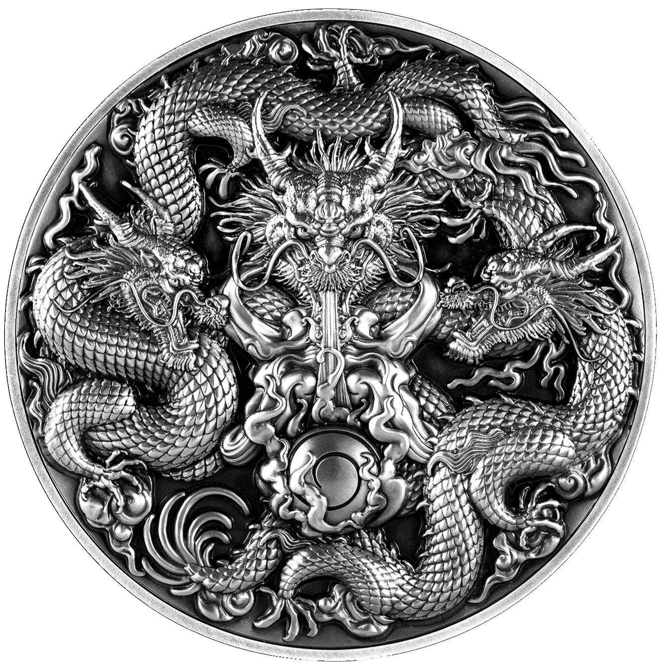 Triple Dragons 5 oz 999 Fine Silver Coin - Antique Silver  – Chad 2023