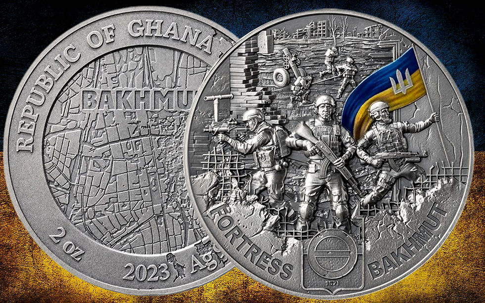 Fortress Bakhmut 2 oz Antique finish Silver Coin 10 Cedis Republic of Ghana 2023