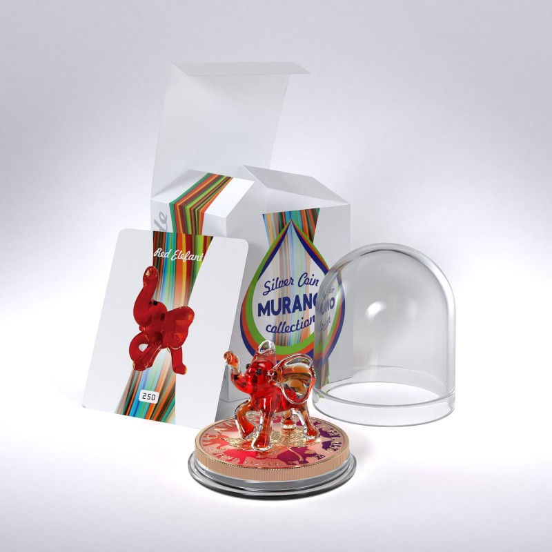 Miniature : RED ELEPHANT - Murano Glass Series - Maple Leaf 1oz .9999 Silver $5 Canada 2022