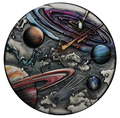Thumbnail: Universe Starry Sky And Planets 5oz Silver Antiqued Coloured Coin $5 Tuvalu 2024