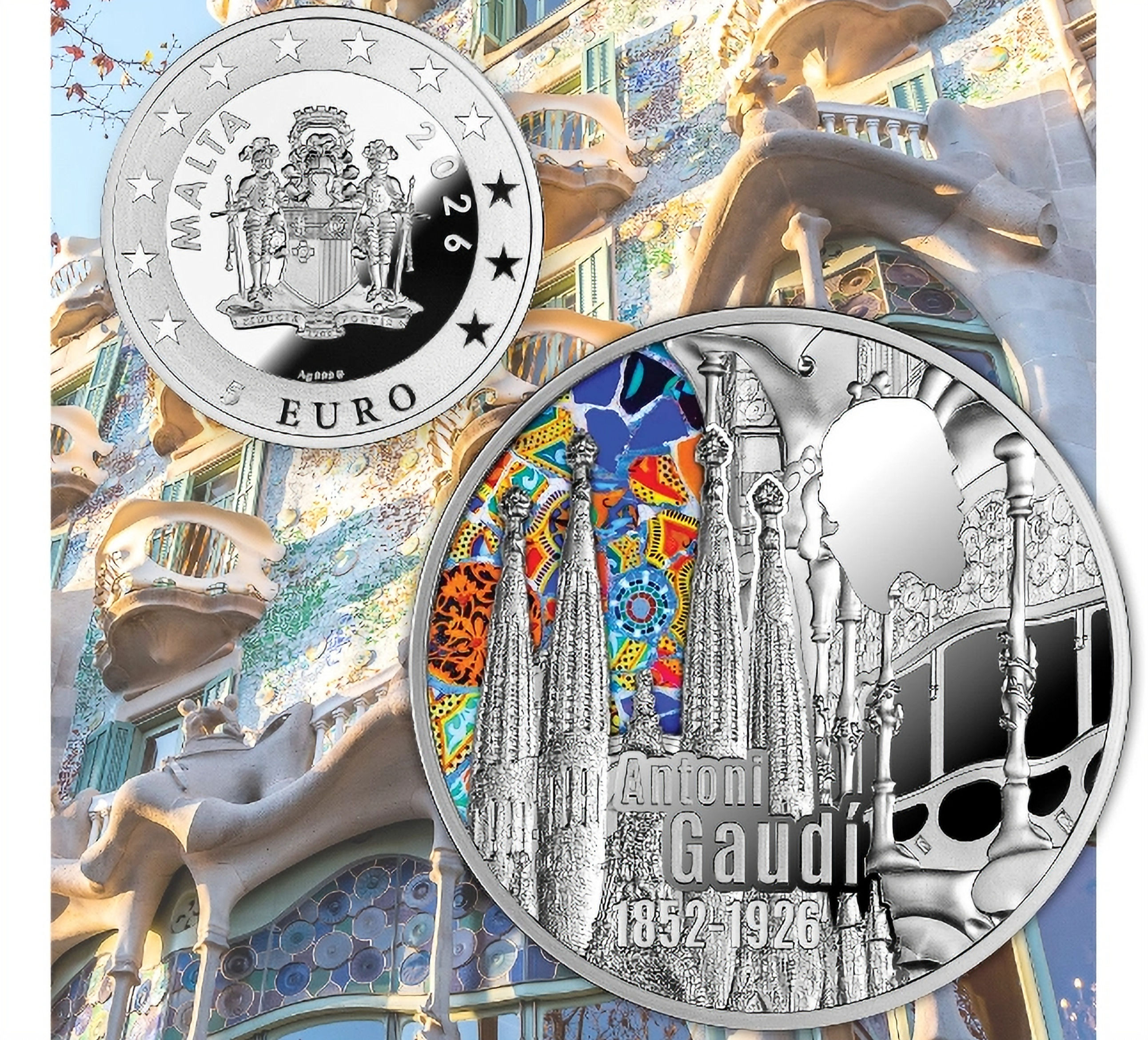Antoni Gaudi: 100th Anniversary of Death - 1oz .999 Silver Coin - 5 euro Malta 2
