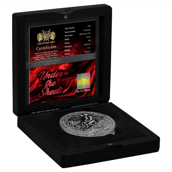 Miniatura: Love: Under the Sheets - 2 oz .999 Silver High Relief - Cameroon 2022