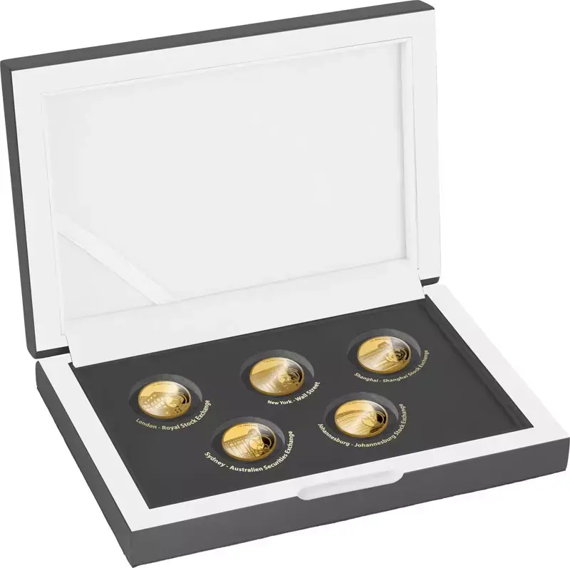Miniatura: Global Stock Exchange – Asia Edition - 5 x 1g 999.9 Gold 2000 Francs Guinea 2025