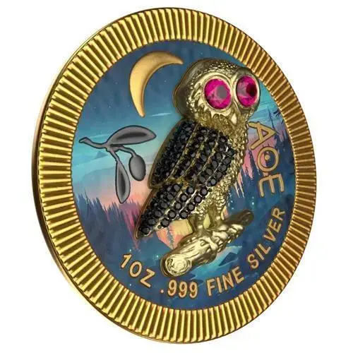 Thumbnail: Athenian Owl – Gold in Forest – Swarovski Crystals 1oz Silver $2 Niue 2021