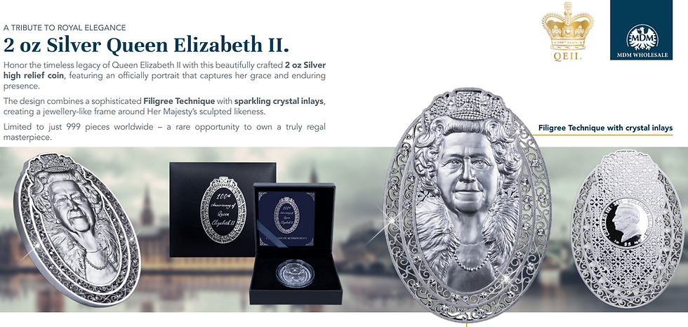 Miniatura: QUEEN ELIZABETH II - 2oz .999 Silver Filigree Coin - 5$ Solomon Islands 2026