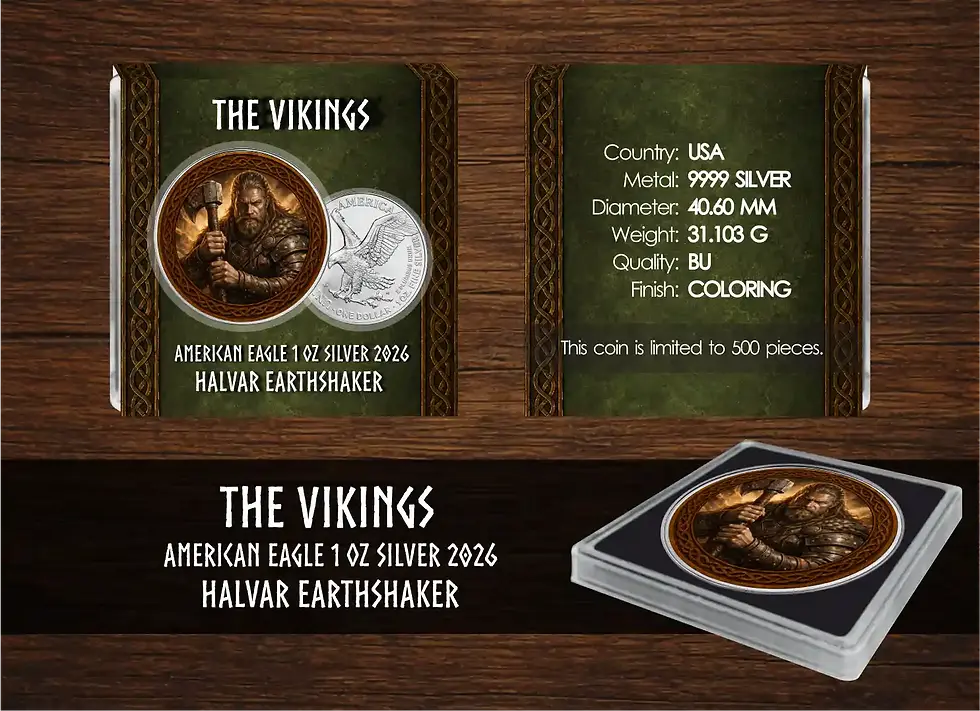 Thumbnail: The Vikings: Halvar Heartshaker 1 Oz .999 Silver $1 USA 2026