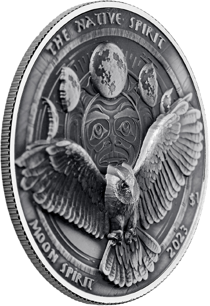 Miniatura: 2023 Sioux Nation Moon Spirit Owl HR Antiqued 1 oz Silver Coin