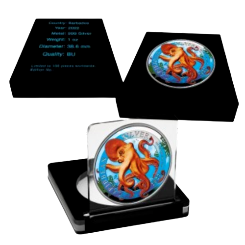 Miniatura: 2022 1oz Barbados Caribbean Octopus Colorized 999.9 Silver Coin