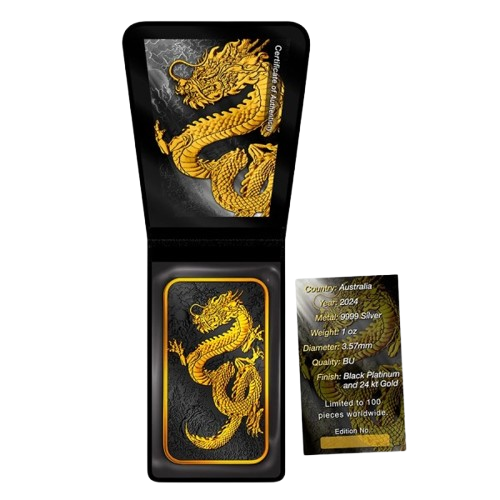 Miniatura: 2024 1 oz $1 AUD Australia Silver Rectangle Dragon Black Platinum 24k Gold Gild