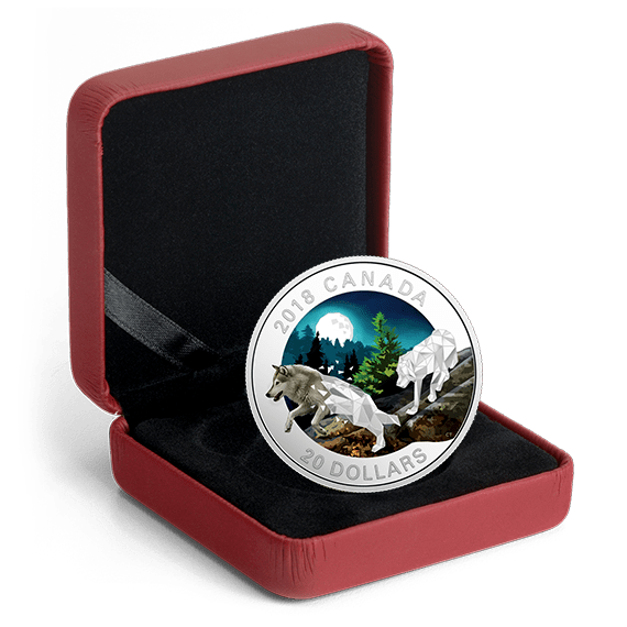 Miniatura: GREY WOLVES – GEOMETRIC FAUNA SERIES – 2018 $20 1 OZ FINE SILVER COIN – ROYAL CA
