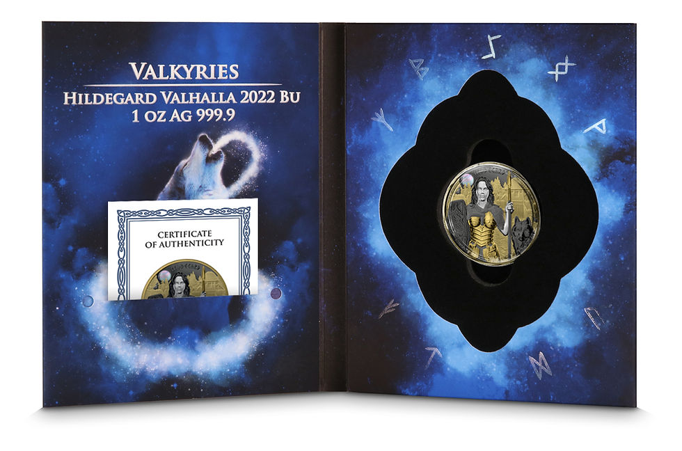 Thumbnail: 2022 Valkyries: Hildegard Valhalla 1 oz Silver BU Ultra High Black and Gold