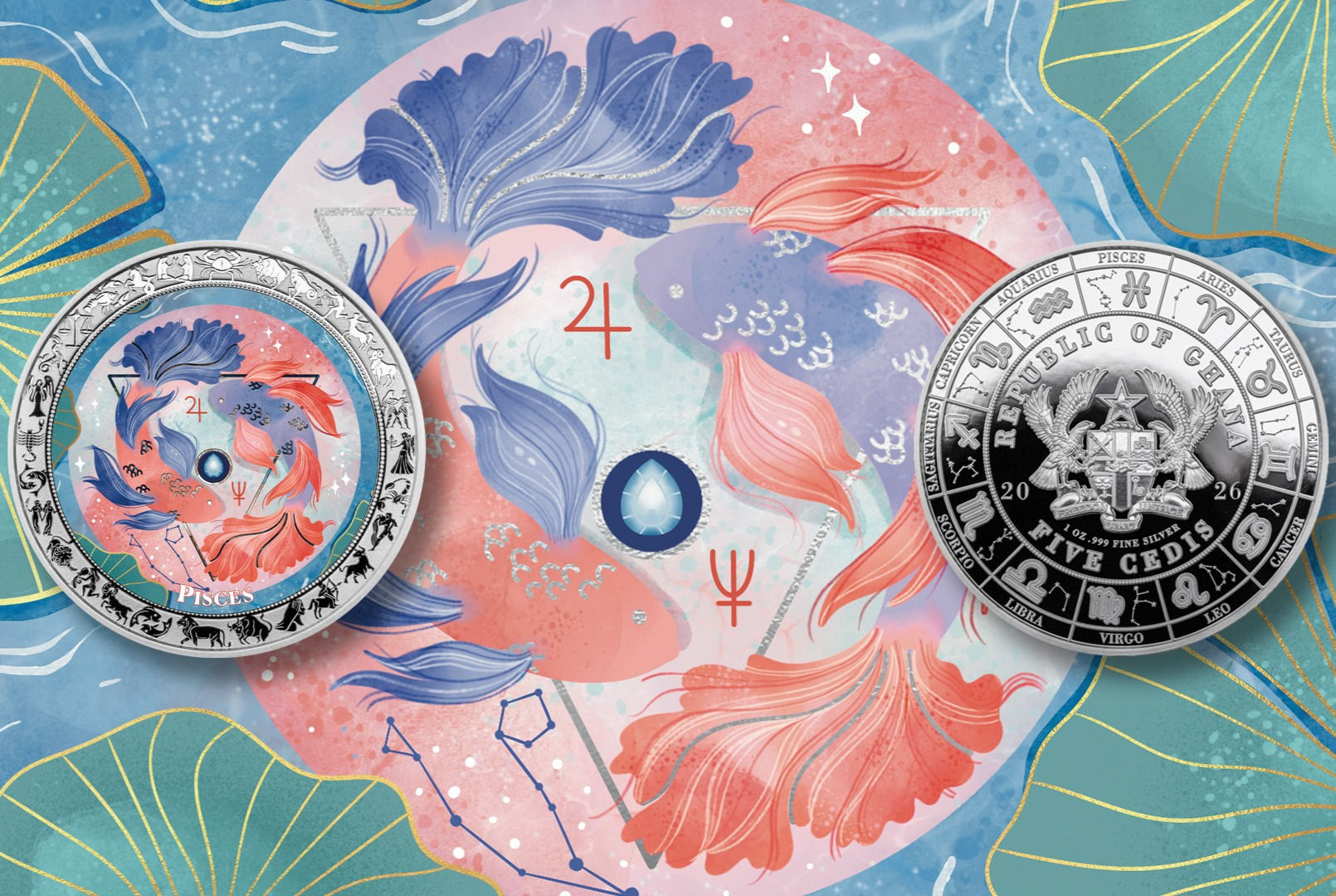 Pisces: Aquarelle Zodiac series - 1oz .999 Silver Coin - 5 Cedis Ghana 2026
