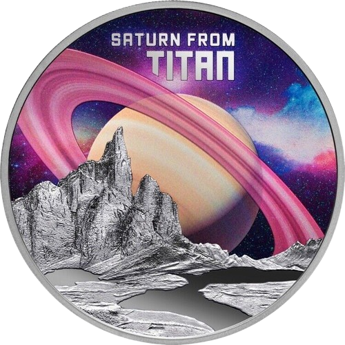 Miniatura: SATURN FROM TITAN Moon Rings 1 oz Silver Coin $1 Niue 2025