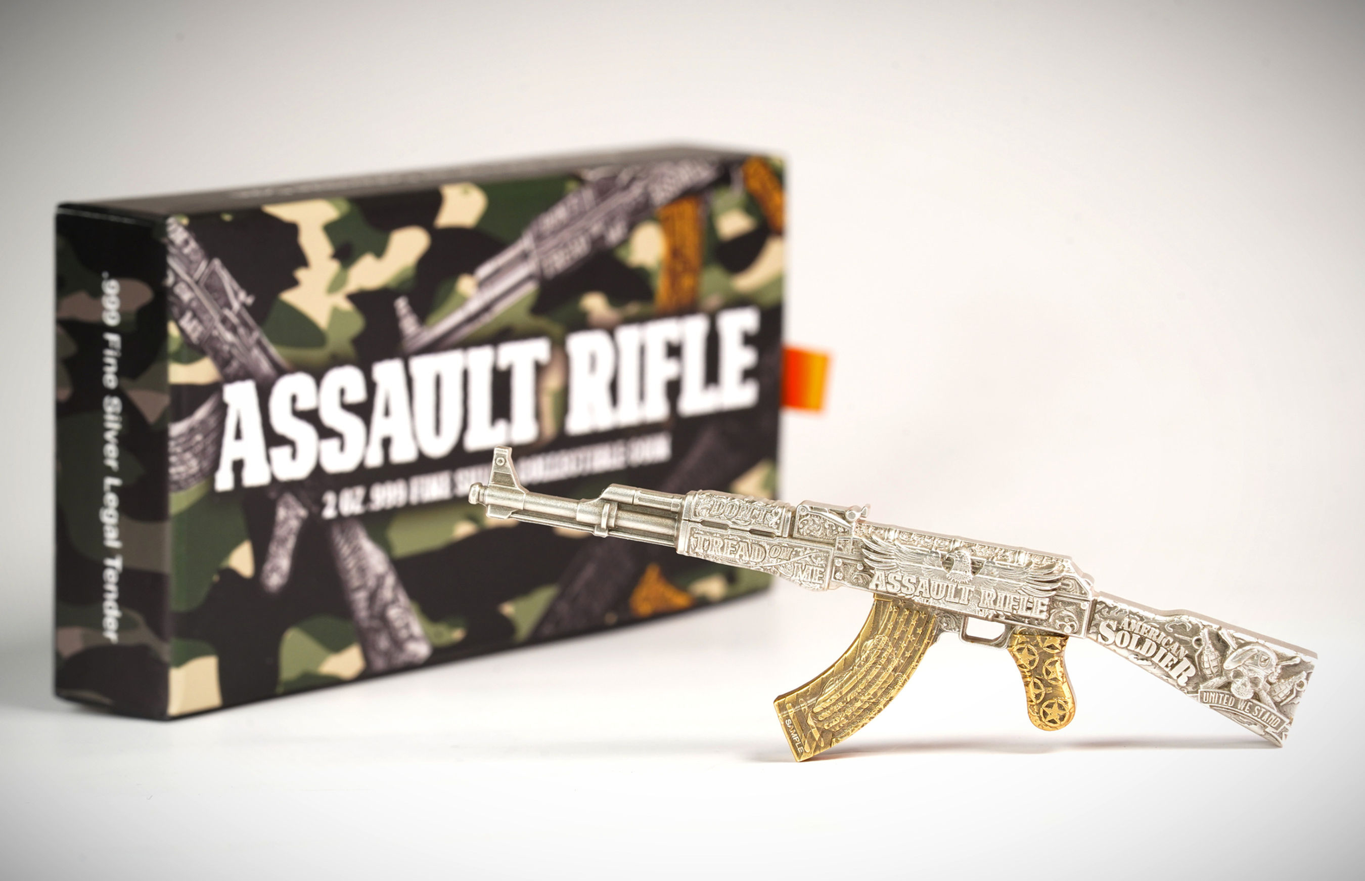 2024 Chad Assault Rifle Shaped Antiqued Gilded 2 oz Silver Coin