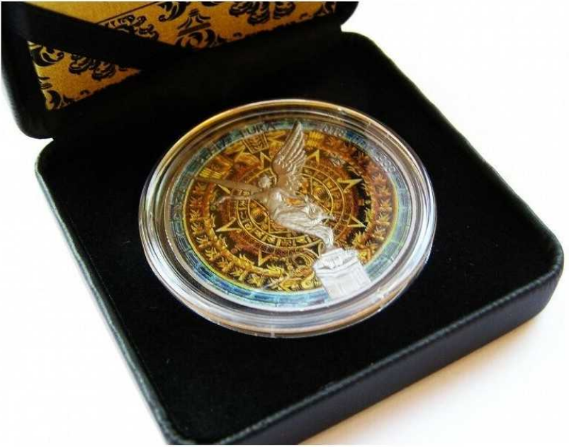 Miniature : Aztec Calendar 1oz Silver Colorized & Ruthenium Plated Coin Mexico 2018