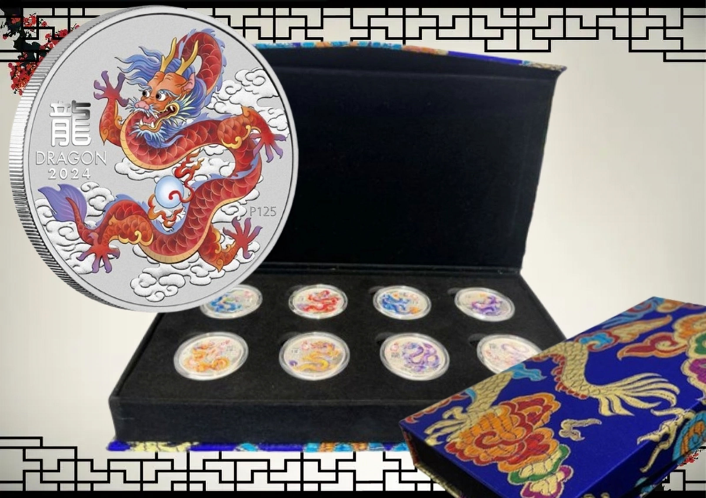 2024 Australian Coloured Lunar Year of the Dragon 8 Coin Set (w/ Thematic Box)
