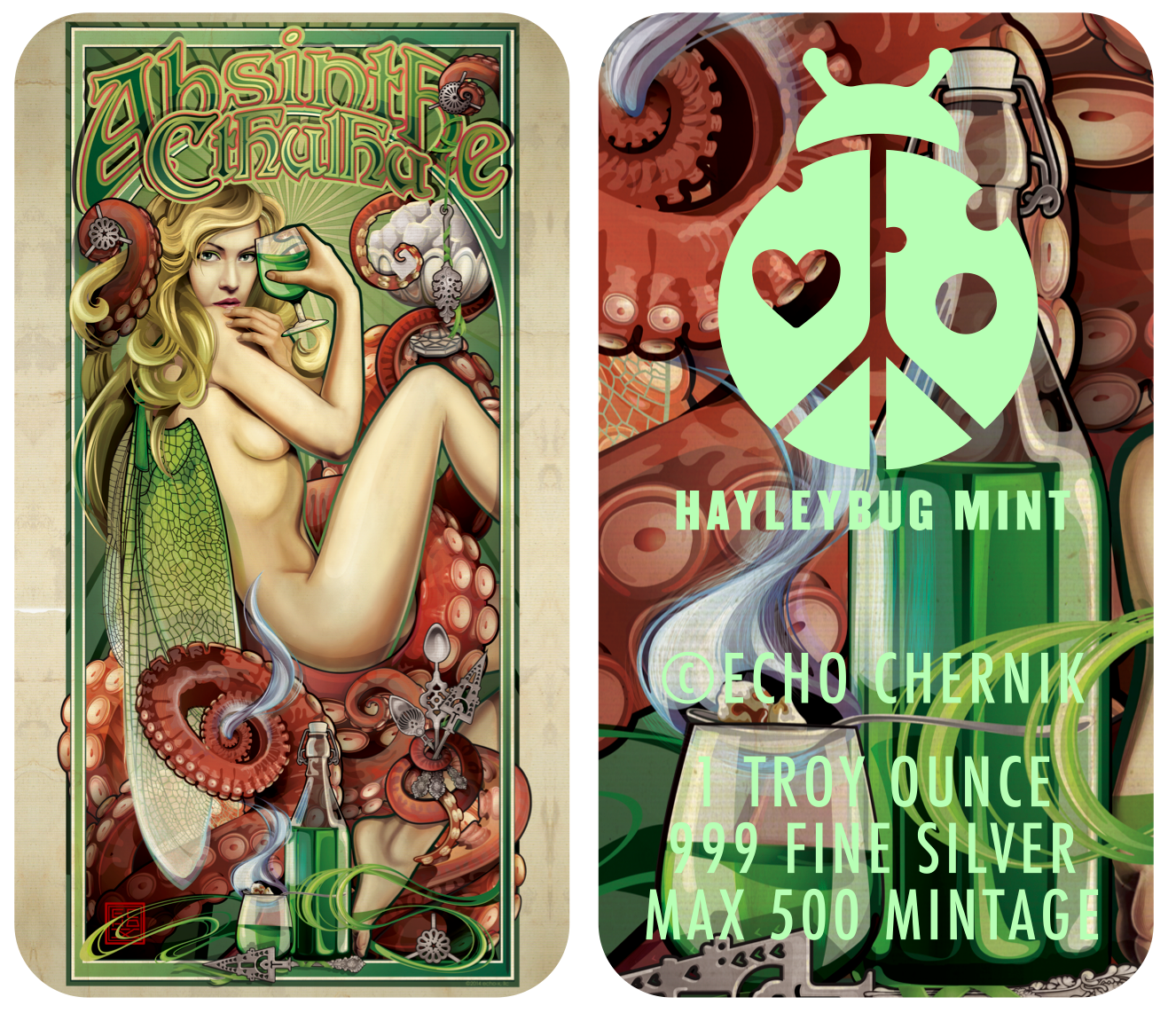 absinthe Cthulhu Colorized 1 oz .999 Silver bar by Echo Chernik