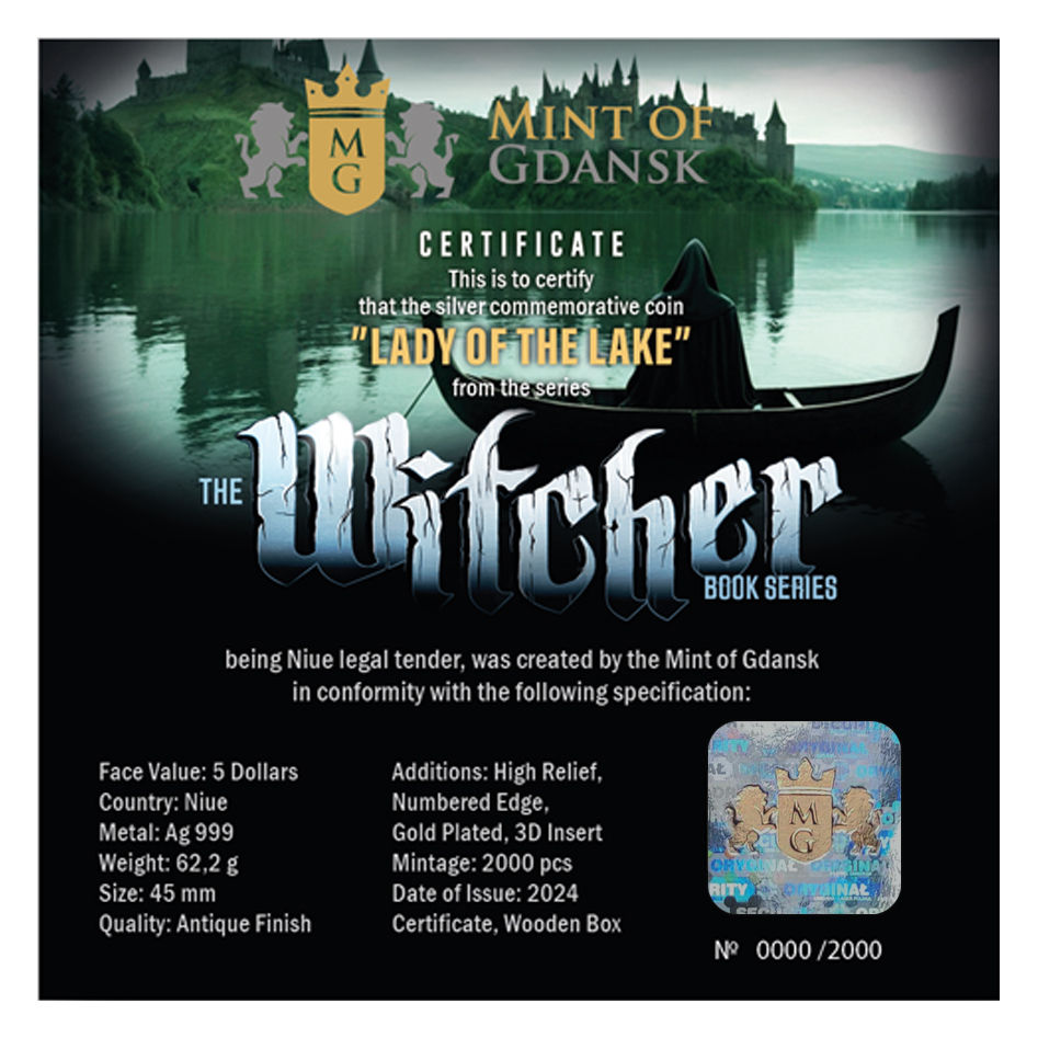 Miniatura: Lady of the Lake - The Witcher Book Series, 2oz High Relief Silver -$5 Niue 2024