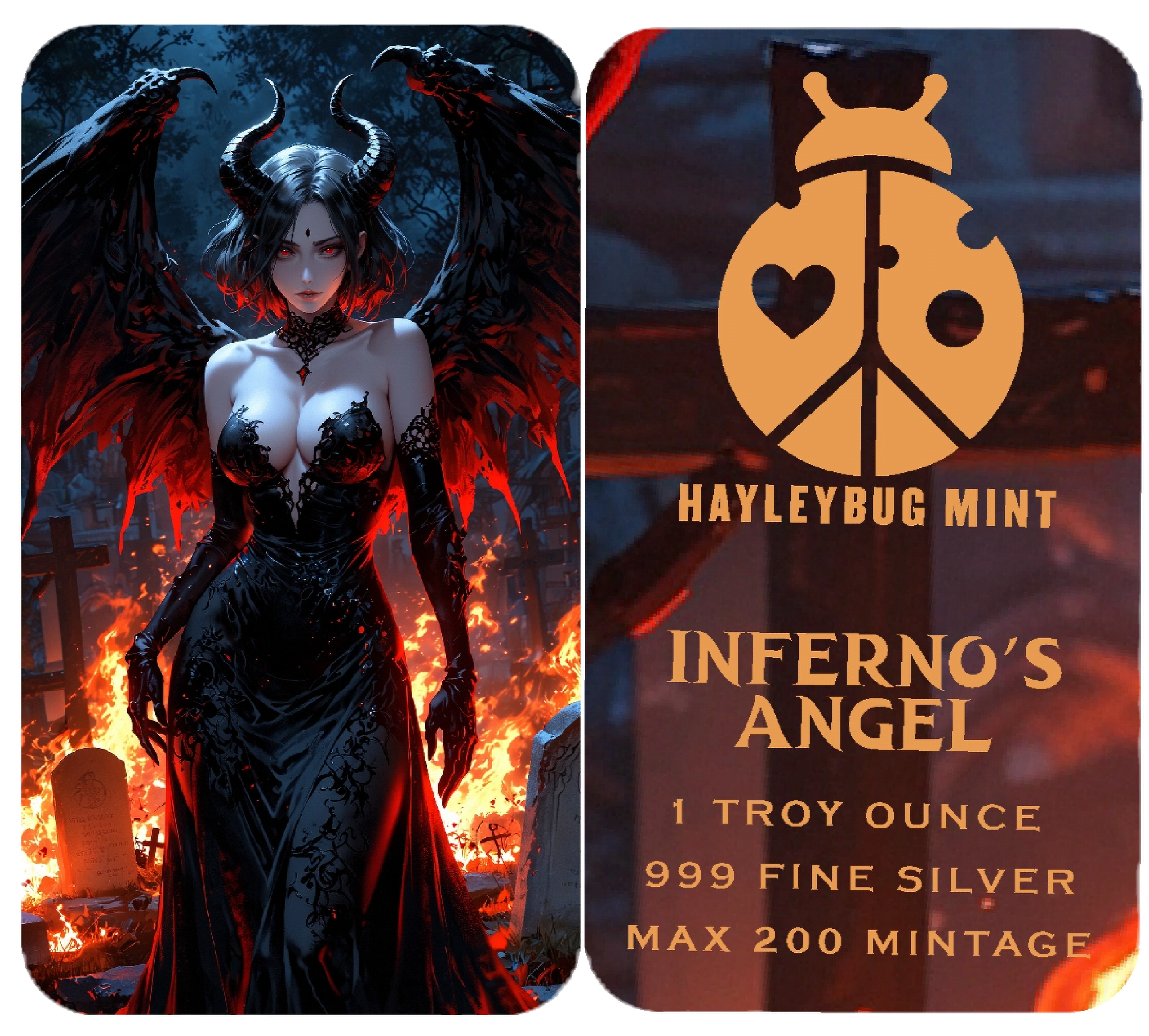 INFERNO'S ANGEL by Hayleybug Mint 1 Troy Ounce 999 Fine Silver Art Bar