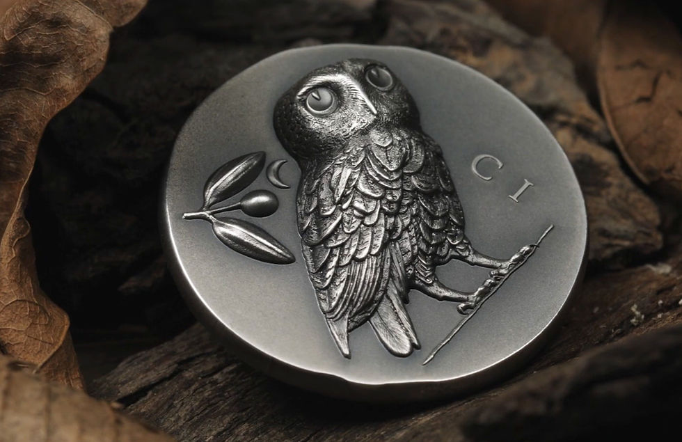 Athena’s Owl 1 oz Antique finish Silver Coin 5$ Cook Islands 2021
