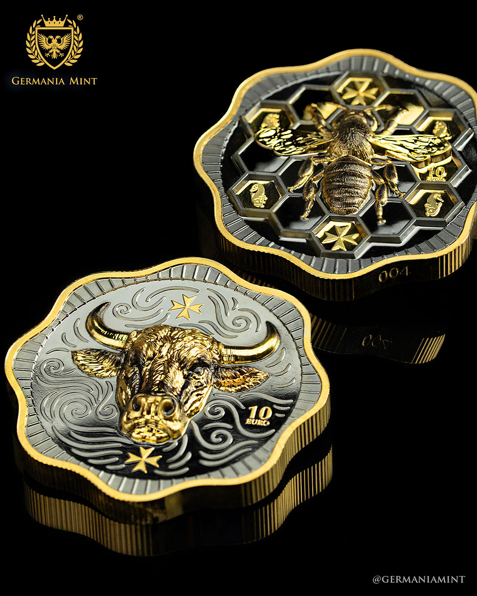 Miniatura: 2025 Malta Maltese Ox 10 Euro 2 oz High Relief Black Ruthenium Silver BU