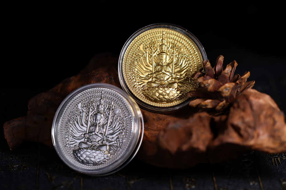 Miniature : Thousand-Armed Thousand-Eyed Guan Yin Bodhisattva 2 oz Gold Glided Silver Gabon
