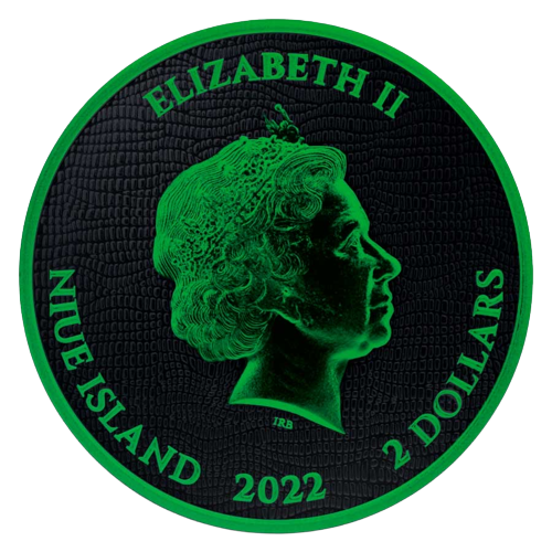 Miniatura: 2022 1 oz Welsh Dragon Black Platinum Cyber Green Colorized Coin