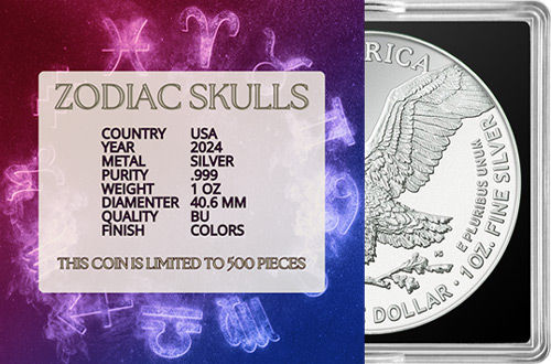 Miniature : SCORPIO Zodiac Skulls Signs 1 Oz Silver Coin 1$ USA 2024