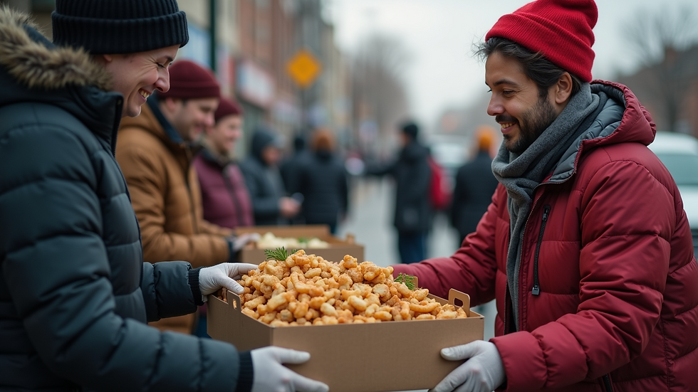 Vue en angle large d'une distribution de repas aux sans-abris