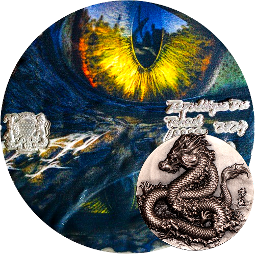 NINE DRAGON: AMBER TORCH DRAGON Antique 5 Oz Silver Coin 18888 Francs Chad 2024