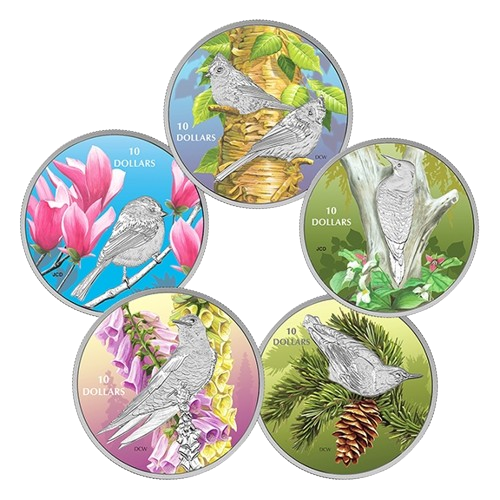 Thumbnail: 1/2 oz. Pure Silver Coloured 5 Coins - Birds Among Nature’s Colours $10 Canada