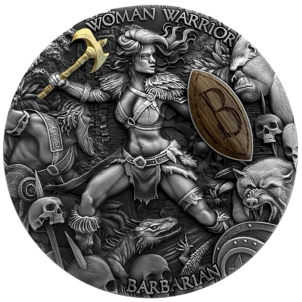 Miniatura: BARBARIAN Woman Warriors 2 oz High Relief Silver $5 Coin Niue 2024