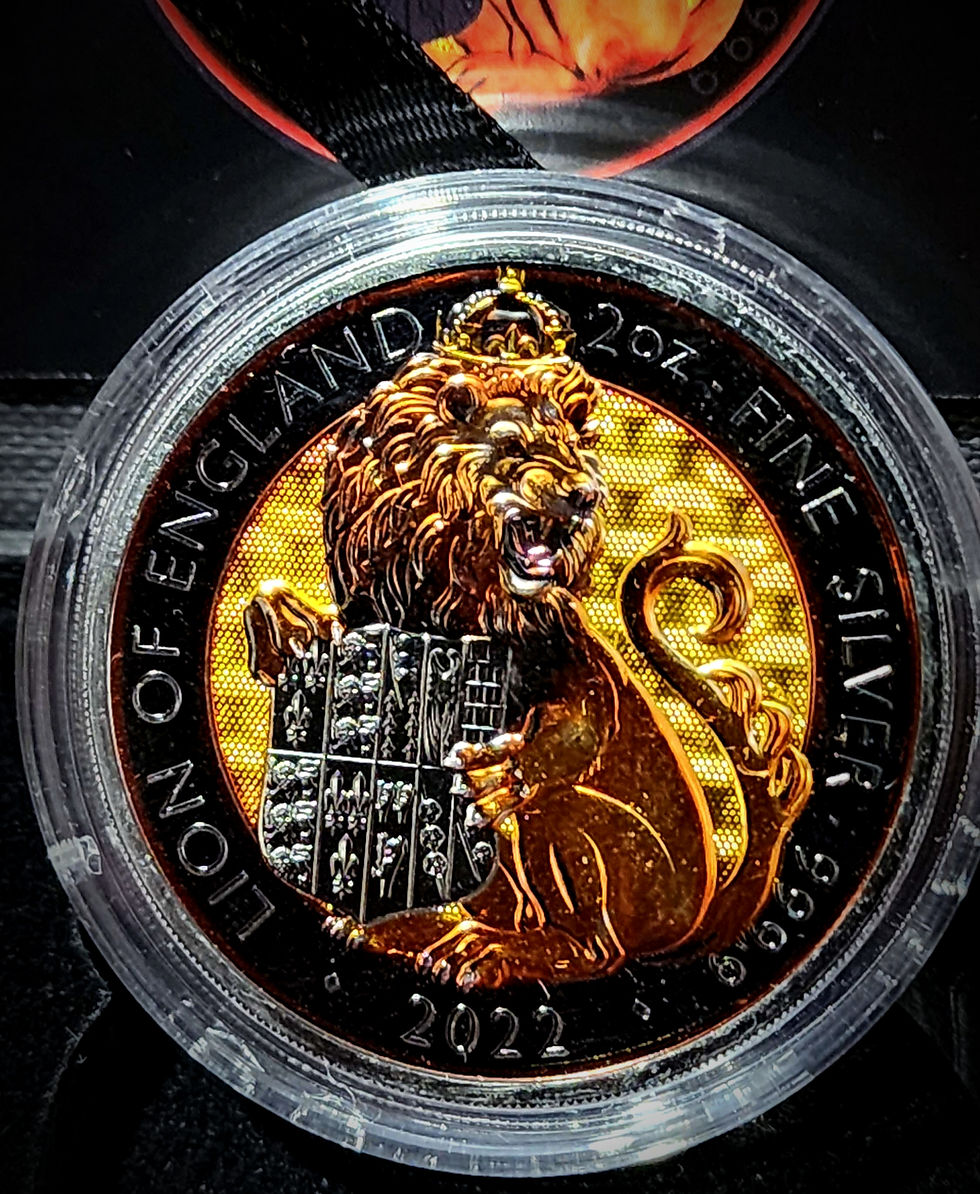 Thumbnail: 2022 2 oz £5 Silver Tudor Beasts Lion of England Black Sun Colorized Silver Coin