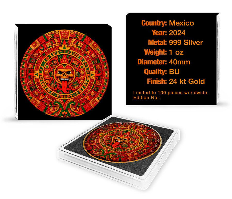 Thumbnail: 2024 1 oz Mexican Libertad Aztec Calendar 24k Gold Gilded Colorized Silver Coin