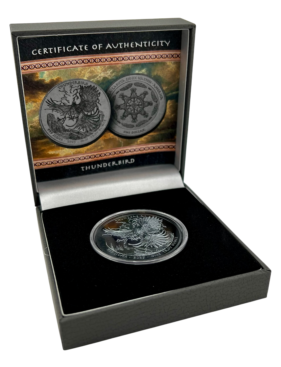 Miniatura: 2025 Sioux Nation Thunderbird Black Proof 1 oz Silver Coin