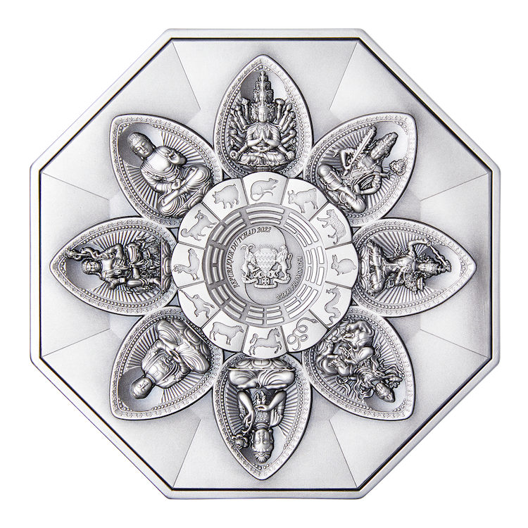 Miniature : SAMANTABHADRA - Eight Buddha Protectors 5 oz Silver Coin 25000 Francs Tchad 2022
