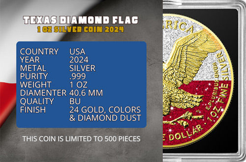 Miniature : DIAMOND FLAG TEXAS 1 Oz Silver Coin 1$ USA 2024