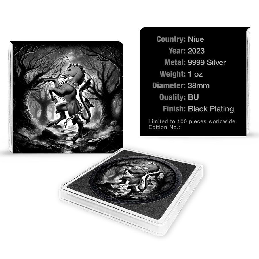 Thumbnail: Scottish Unicorn "The Black Unicorn" Black Plating 1oz .999 Silver 2$ Niue 2023