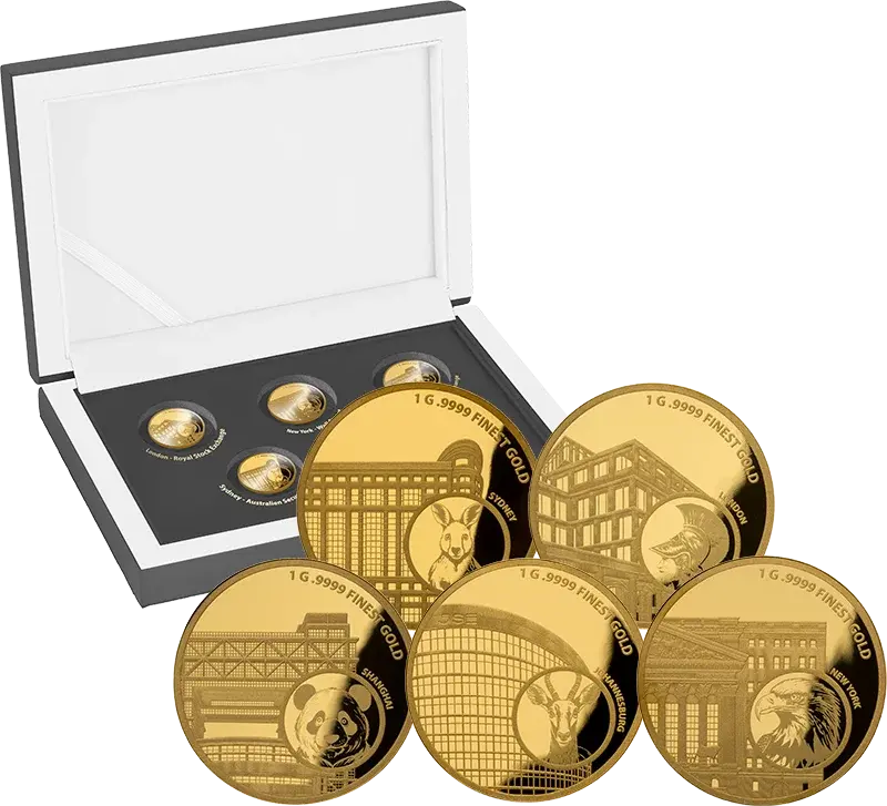 Miniatura: Global Stock Exchange – Asia Edition - 5 x 1g 999.9 Gold 2000 Francs Guinea 2025